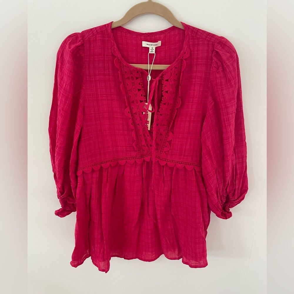 Max Studio Womens Crochet Blouse 3/4 Sleeve Top Relaxed Tunic Hot Pink Sz S NWT